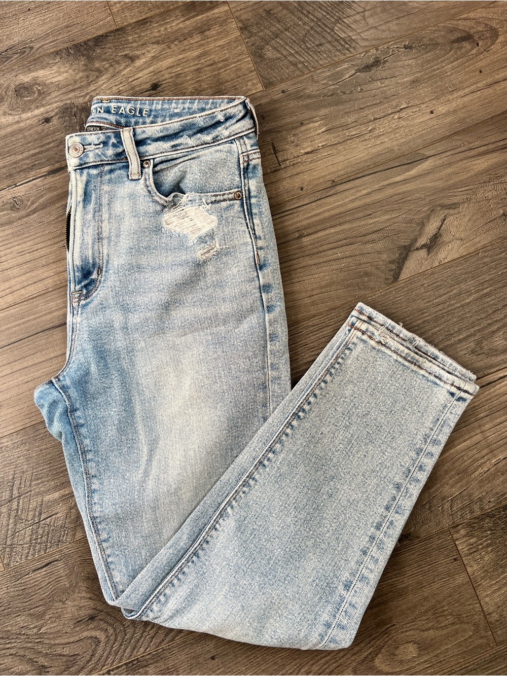 American Eagle Outfitters Light Blue High-Rise Distressed Mom Jeans